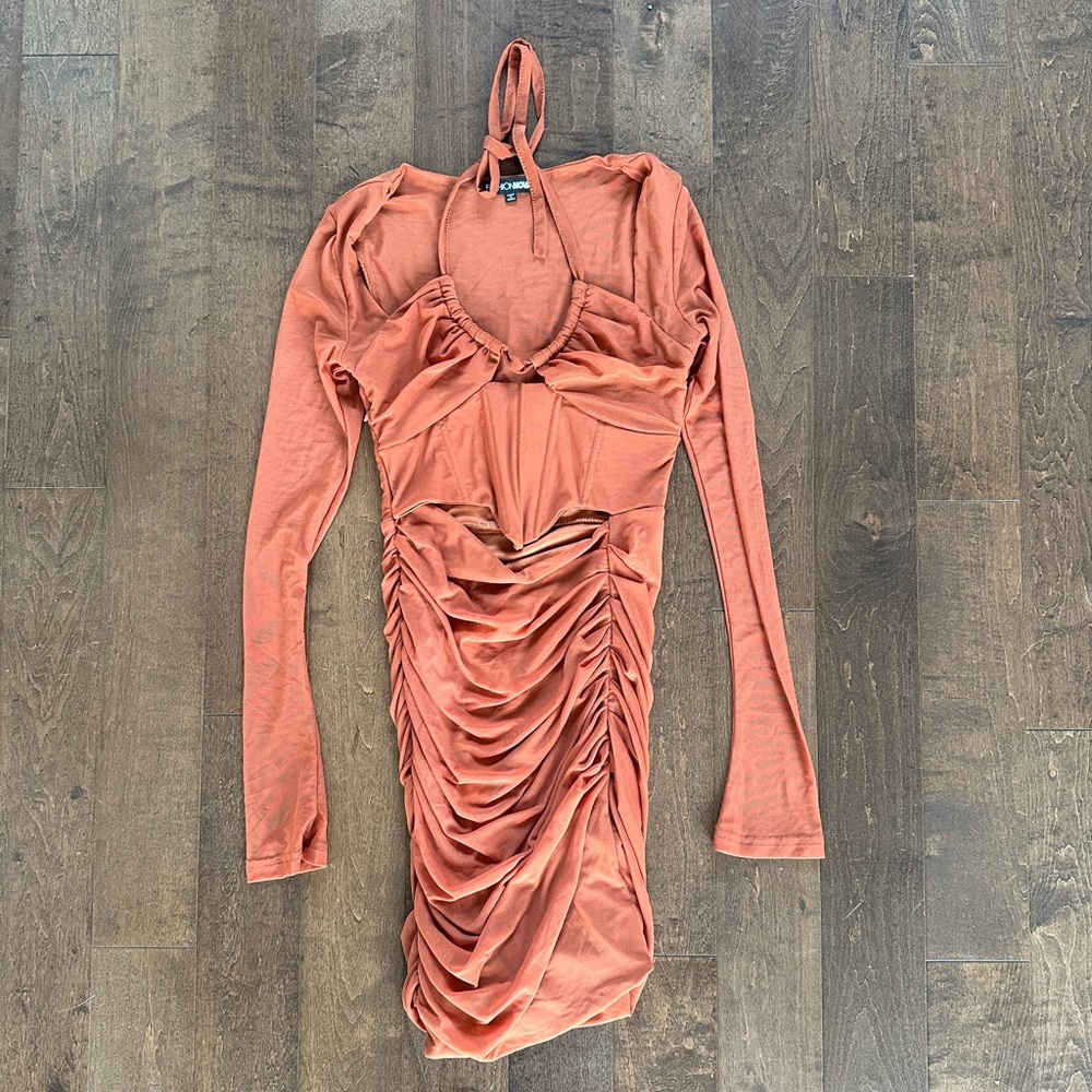 Rust Ruched Mesh Dress - Picture 2 of 2